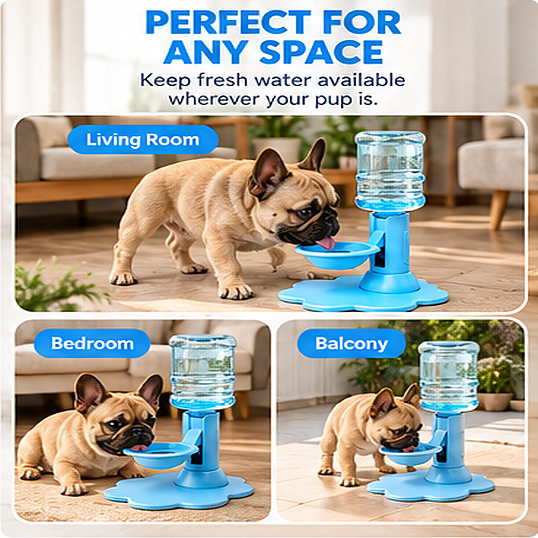 Dog drinking from the AquaPup automatic water dispenser at home